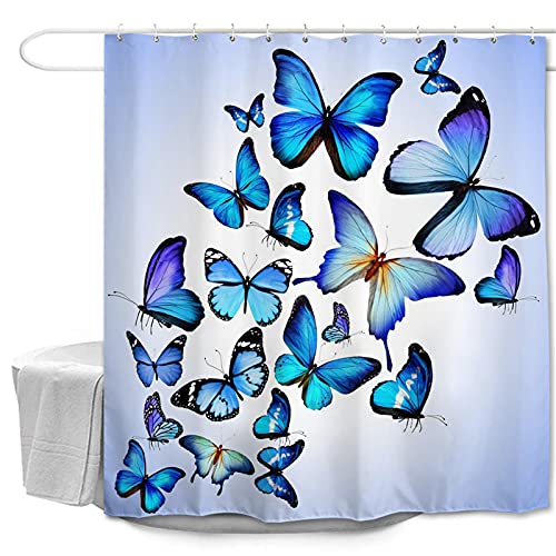 Oduo Duschvorhänge für Badewanne,3D Schmetterling Drucken Duschvorhang Wasserdicht Antischimmel Bad Vorhang Waschbar Badewanne Vorhang mit 10-12 Duschvorhangringe (180x220cm,Blauer Schmetterling) von Oduo