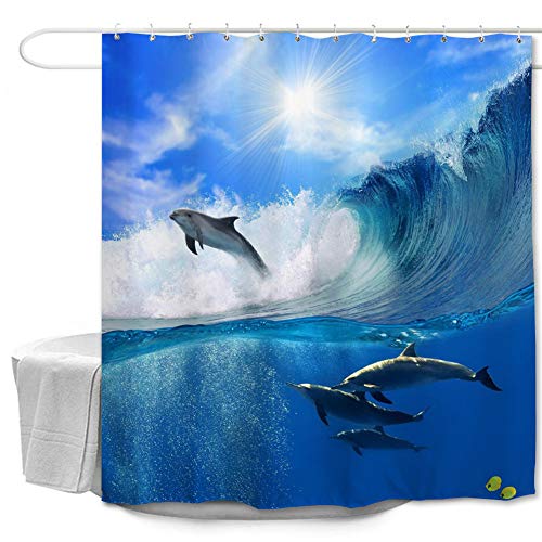 Oduo Duschvorhänge für Badewannen - Delfin Drucken Duschvorhang Wasserdicht Antischimmel Bad Vorhang Waschbar Badewanne Vorhang mit 10 oder 12 Duschvorhangringe (Sonnenschein Wellen,180x220cm) von Oduo