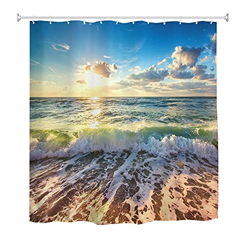 Oduo Duschvorhang 3D Meer Wellen Motiv, Duschvorhänge Wasserdicht Antischimmel Bad Vorhang Waschbar Badezimmervorhang Badewanne Vorhang mit 10-12 Duschvorhangringe (Sonnenlicht,90x180cm) von Oduo