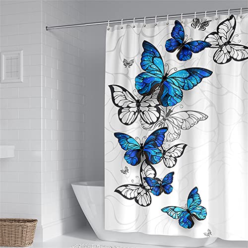 Oduo Duschvorhang 3D Schmetterling Motiv,Duschvorhänge Wasserdicht Antischimmel Bad Vorhang Waschbar Badezimmervorhang Badewanne Vorhang mit 12 Duschvorhangringe (Blauer Schmetterling,150x180cm) von Oduo