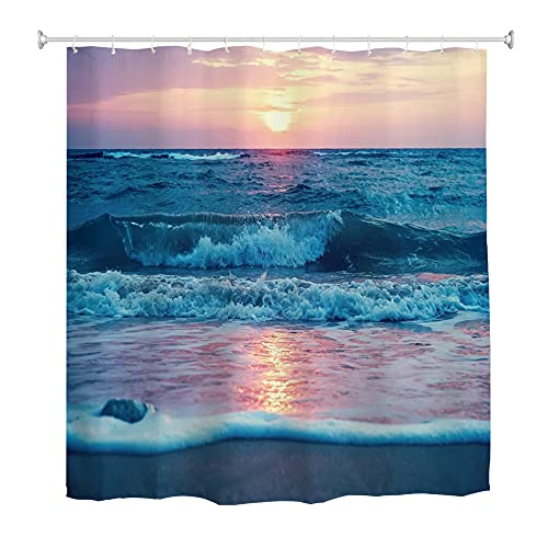 Oduo Duschvorhang 3D Sonnenaufgang Motiv, Duschvorhänge Wasserdicht Antischimmel Bad Vorhang Badezimmervorhang Badewanne Vorhang mit 10-12 Duschvorhangringe (180x200cm,Meereswellen) von Oduo