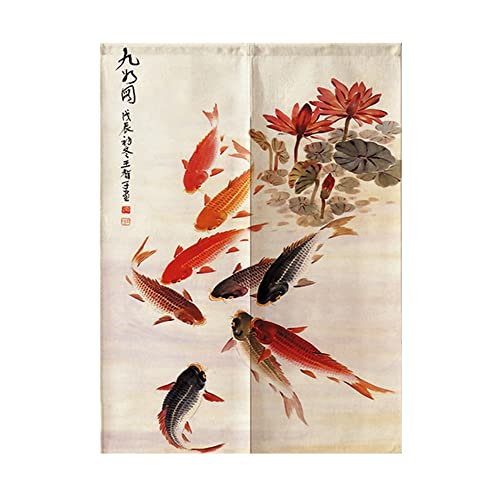 Oduo Japanischer Noren Lang Vorhang Türvorhang, Gardinen Tür Vorhang Tapisseri Baumwolle Leinen kurz Vorhänge Restaurant Küche Türvorhänge, Chinesischer Stil (Roter schwarzer Koi,85x90cm) von Oduo