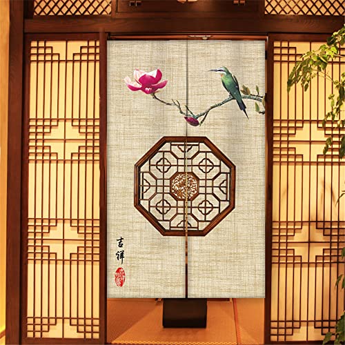 Oduo Japanischer Noren Lang Vorhang Türvorhang, Gardinen Tür Vorhang Tapisseri Samt kurz Vorhänge Restaurant Küche Türvorhänge, Druck im Chinesischen Stil (Blumen und Vögel,85x150cm) von Oduo