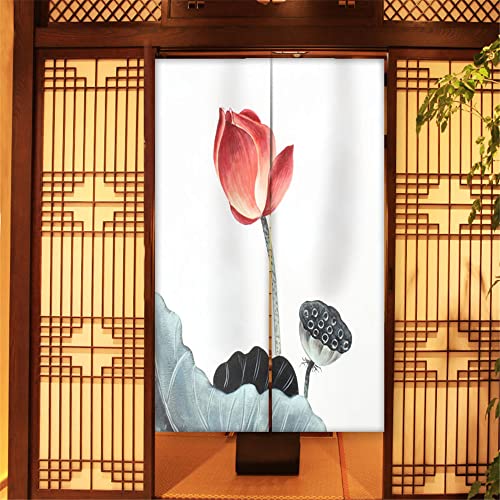 Oduo Japanischer Noren Lang Vorhang Türvorhang, Gardinen Tür Vorhang Tapisseri Samt kurz Vorhänge Restaurant Küche Türvorhänge, Druck im Chinesischen Stil (Rote Lotusblume,85x200cm) von Oduo