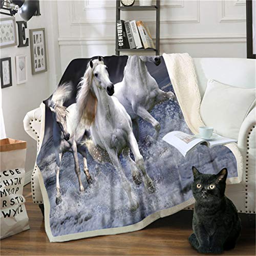 Oduo Kuscheldecke Mikrofaser Sherpa Fleecedecke Super Weich Dicke Wohnzimmerdecke Tagesdecke Sofadecke Decke für Couch und Bett TV-Decke Reise Camping (weißes Pferd,150x250cm) von Oduo