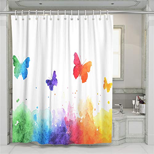 Oduo Modern Duschvorhang, Wasserdicht Polyester Badvorhänge 3D Drucken mit Schmetterling Muster Waschbar 180x180 180x200 Bad Vorhang mit 12 Haken (Regenbogen,180x200cm) von Oduo