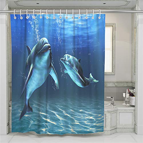 Oduo Modern Duschvorhang, Wasserdicht Polyester Badvorhänge 3D Drucken mit Tier Meer Muster Waschbar 180x180 180x200 Bad Vorhang mit 12 Haken (Baby Delphin,150x180cm) von Oduo