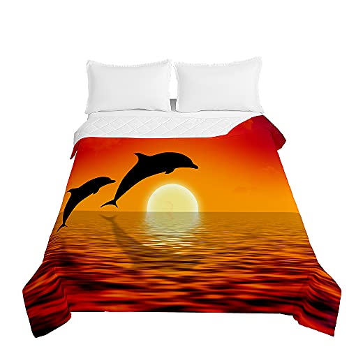 Oduo Tagesdecke Bettüberwurf Steppdecke für Doppelbett Einzelbett Kinder, 3D Delfin Druck Bettdecke Stepp Decke Tagesdecken mit Präge Wohndecke Gesteppt Waschbare (200x230cm,Sonnenaufgang Ozean) von Oduo