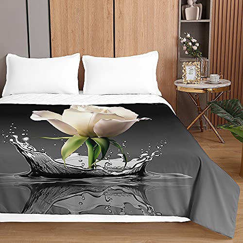 Oduo Tagesdecke Steppdecke Bettüberwurf 3D Rose Drucken Bettdecke Stepp Decke Sofaüberwurf Doppelbett Unterfüttert und Gesteppt Waschbare Klimaanlage Wohndecke (200x230cm,weiße Blume) von Oduo