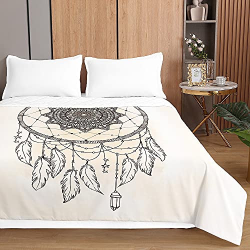 Oduo Tagesdecke Steppdecke Bettüberwurf 3D Traumfänger Drucken Bettdecke Stepp Decke Sofaüberwurf Doppelbett Unterfüttert und Gesteppt Waschbare Klimaanlage Wohndecke (150x200cm,Beige) von Oduo