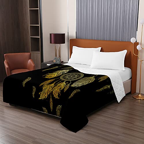 Oduo Tagesdecke Steppdecke Bettüberwurf 3D Traumfänger Drucken Bettdecke Stepp Decke Sofaüberwurf Doppelbett Unterfüttert und Gesteppt Waschbare Klimaanlage Wohndecke (schwarzes Gold,180x220cm) von Oduo