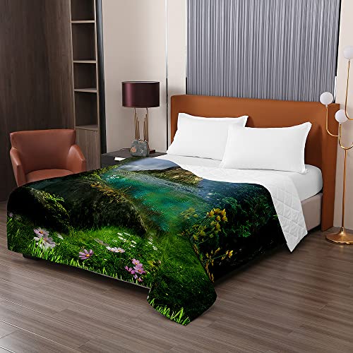 Oduo Tagesdecke Steppdecke Bettüberwurf 3D Wald Drucken Bettdecke Stepp Decke Sofaüberwurf Doppelbett Unterfüttert und Gesteppt Waschbare Klimaanlage Wohndecke (130x150cm,Nebelhaftes Schloss) von Oduo