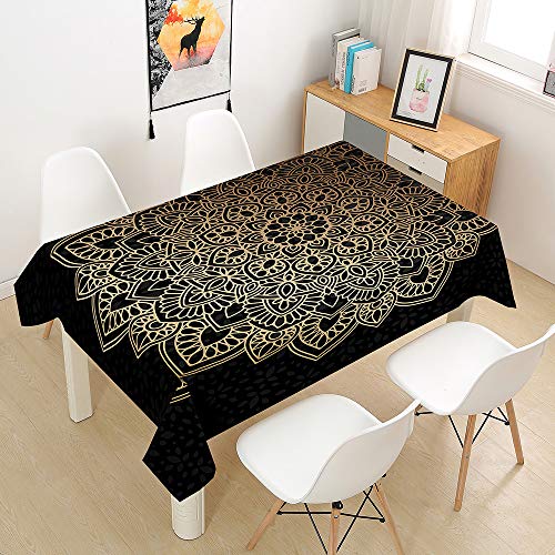 Oduo Tischdecke Wasserdicht Polyester Rechteckig, 3D Orientalischer Mandala-Stil Tischdecke Pflegeleicht Fleckschutz Abwaschbar Indoor Küche Outdoor Garten Deko (schwarzes Gold,140x140cm) von Oduo