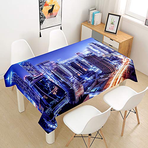 Oduo Tischdecke Wasserdicht Polyester Rechteckig, Pflegeleicht Fleckschutz Ölfest Abwaschbar Outdoor Garten Deko Farbe & Größe Wählbar, 3D-Weltarchitektur (Dubai Nachtansicht,140x180cm) von Oduo