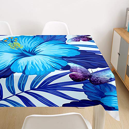 Oduo Tischdecke Wasserdicht Polyester Rechteckig, Pflegeleicht Fleckschutz Ölfest Abwaschbar Outdoor Garten Deko Mehrzweck Farbe & Größe Wählbar, Blumenmuster (Blauer Hibiskus,140x200cm) von Oduo