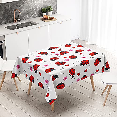 Oduo Tischtuch Pflegeleicht Polyester wasserdichte Rechteckige 3D Tischdecke Abwaschbar für Desktop Dekorative Tuch Hotel Bankett Party Garten (100x140cm,Blume Marienkäfer) von Oduo
