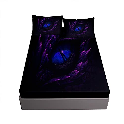 Spannbetttuch Bettlaken Set für Boxspringbett, Ouduo 3D Drachen Tier Drucken Spannbettlaken Mikrofaser Matratzenschoner für Bettw Sche, Steghöhe bis 30cm +2 Kissenbezug (Lila Auge,180x200x30cm) von Oduo