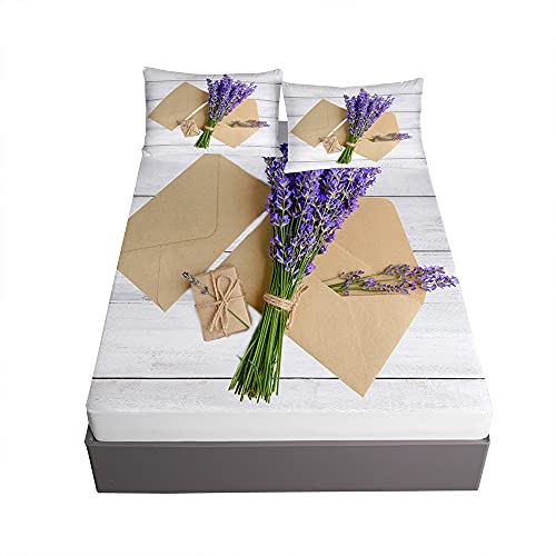 Spannbetttuch Bettlaken Set für Boxspringbett, Ouduo 3D Lavendel Druck Spannbettlaken Mikrofaser Matratzenschoner für Bettw Sche, Steghöhe bis 30cm +2 Kissenbezug (Strauß,90x200x30cm) von Oduo