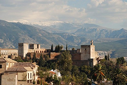 Oedim Vinyl Wand Blick auf den Alhambra-Palast mit schneebedeckten Bergen der Sierra Nevada Tapeten | Verschiedene Maße 350x250 cm Dekor Esszimmer, Wohnzimmer, Zimmer Landschaftsmotive Urbes, Natur von Oedim