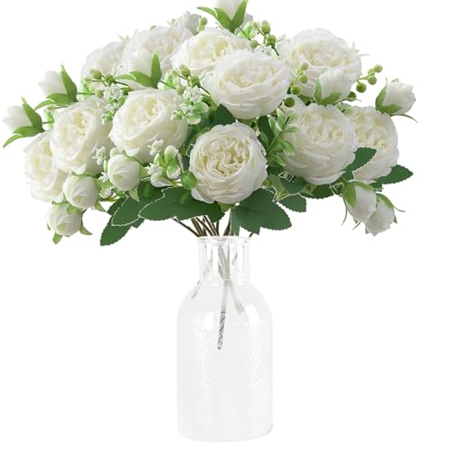 Oenothera 4 Bündel Künstliche Blumen Wie Echt, Unechte Blumen Deko Künstlich Pfingstrose Gefälschte Seide, Künstliche Blumen für Hochzeit Zuhause Tischparty Fensterdekoration (Weiß) von Oenothera