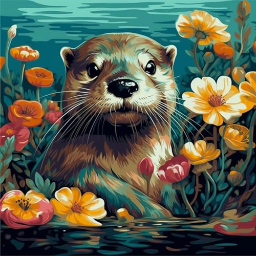 OfFsum 5D-Diamant-Malerei-Set für Erwachsene, rund, Diamant-Kunst-Malerei-Set, Vollbohrer, lächelnder Otter, goldene Blumen, 7 Diamant-Kunst-Sets für Kinder, Kunst für Zuhause, Wanddekoration von OFFSUM