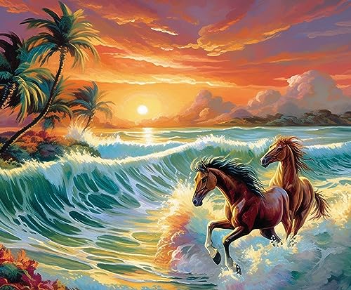 OfFsum Malen nach Zahlen für Erwachsene Kinder Anfänger Laufpferd am Meer bei Sonnenuntergang 1 DIY Acryl Malen nach Zahlen Kits mit Pinseln Acrylpigment Heimdekoration Brithday Geschenke 40,6 x 50,8 von OFFSUM