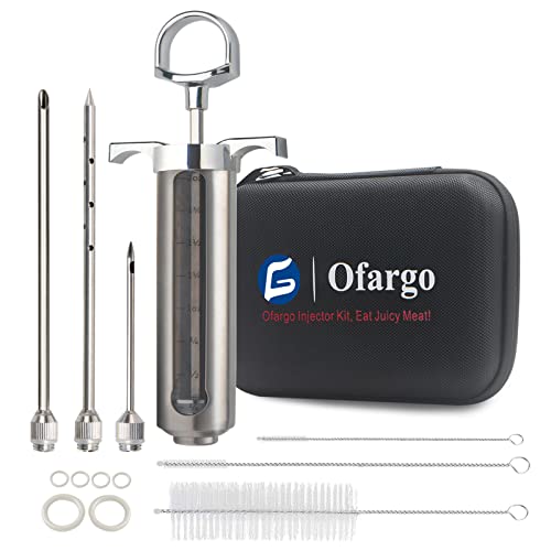 Ofargo Fleischspritze aus 304-Edelstahl, mit 3 Marinadennadeln und Reiseetui für Grill, Räuchern, 57 ml, großes Fassungsvermögen; Bedienungsanleitung und eBook-Rezept von Ofargo