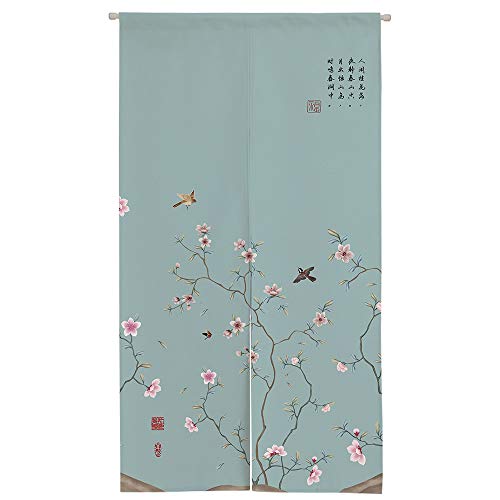Ofat Home Traditioneller chinesischer Türvorhang, japanischer Noren-Türvorhang/Wandteppich, Blumen- und Vogeltinte, Gemälde, Poesie, Kalligraphie, 85 x 150 cm für Küchen-Trennwand von Ofat Home