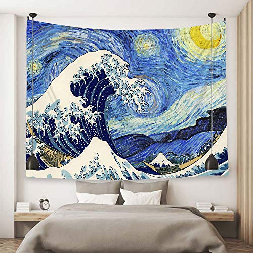 Orange Design Wandbehang Van Gogh Art Tapestry Starry Night and Great Wave Fuji Mountain Japanische Künstlerische Kombination Ölgemälde, Stoffblauer Wandteppich für Zuhause Bad Dekor von Ofat Home