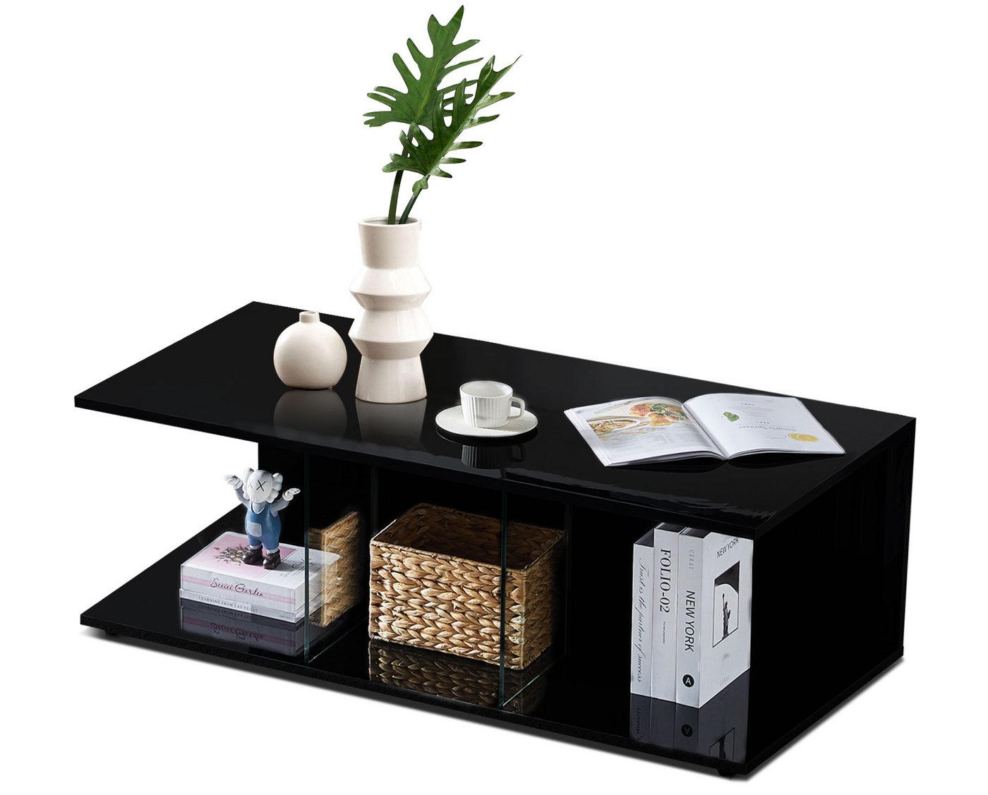 Ofcasa Couchtisch 120x60x41cm Wohnzimmertisch (1 Tisch), Hochglänzende Beistelltische mit Glastrennwände von Ofcasa