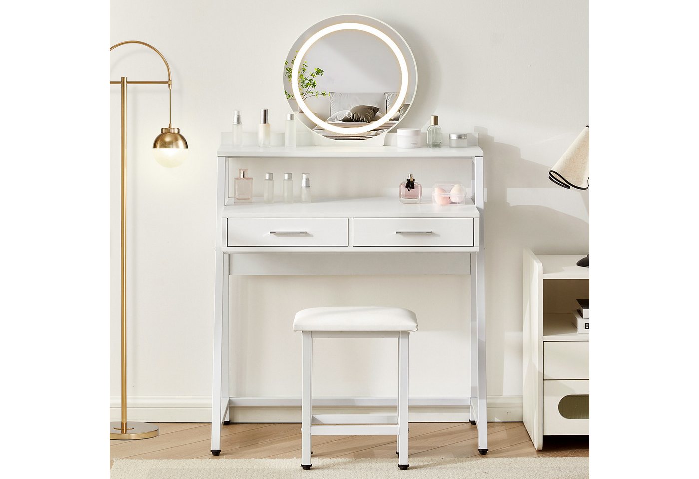 Ofcasa Schminktisch Runder Spiegel, Eisengestell- Vanity-Set mit zwei Schubladen Ofcasa Schminktisch Runder Spiegel, Eisengestell- Vanity-Set mit zwei Schubladen von Ofcasa