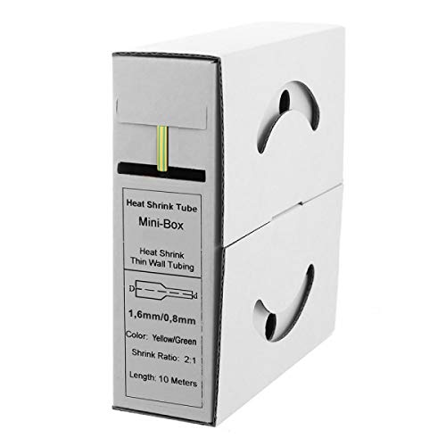 Offgridtec 10m Schrumpfschlauch mit Kleber 1,6mm>0,8mm Schrumpfrate, Dual-Wand, Halogenfrei, Flammhemmend, Wasserdichte Kabelisolierung, Leicht zu Schneiden, Inklusive Spenderbox, gelb/grün von Offgridtec