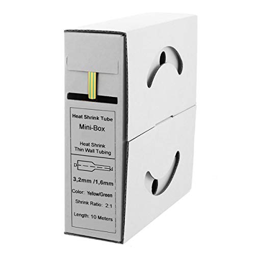 Offgridtec 10m Schrumpfschlauch mit Kleber 3,2mm>1,6mm Schrumpfrate, Dual-Wand, Halogenfrei, Flammhemmend, Wasserdichte Kabelisolierung, Leicht zu Schneiden, Inklusive Spenderbox, gelb/grün von Offgridtec