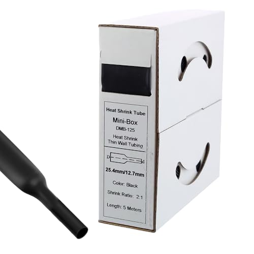 Offgridtec 5m Schrumpfschlauch mit Kleber 25,4mm > 12,7mm Schrumpfrate, Dual-Wand, Halogenfrei, Flammhemmend, Wasserdichte Kabelisolierung, Leicht zu Schneiden, Inklusive Spenderbox, Schwarz von Offgridtec