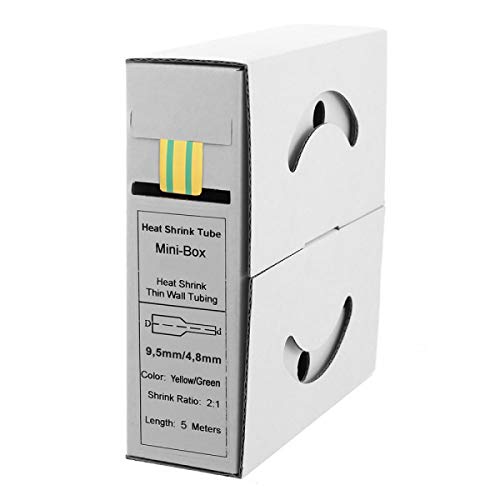 Offgridtec 5m Schrumpfschlauch mit Kleber 9,5mm > 4,8mm Schrumpfrate, Dual-Wand, Halogenfrei, Flammhemmend, Wasserdichte Kabelisolierung, Leicht zu Schneiden, Inklusive Spenderbox, Gelb/Grün von Offgridtec