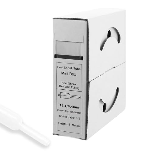 Offgridtec 5m Schrumpfschlauch mit Kleber 19 mm > 6 mm, 3:1 Schrumpfrate, Dual-Wand, Halogenfrei, Flammhemmend, Wasserdichte Kabelisolierung, Leicht zu Schneiden, Inklusive Spenderbox, transparent von Offgridtec