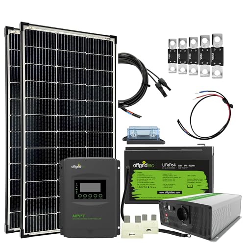 Offgridtec Autark Pro M 200W Solaranlage, 1500W AC Leistung, 100Ah LiFePO4 Akku, MPPT Laderegler mit Display, Plug & Play, Sinus-Spannungswandler, USB-Ausgänge, Für Wohnmobil und autarke Haushalte von Offgridtec