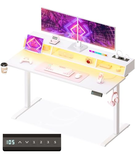 OffiGo Gaming Tisch, 140cm Höhenverstellbarer Schreibtisch mit RGB LED & Steckdosen, elektrischer Schreibtisch mit 3 offene Stauräume, Getränke & Kopfhörerhalter, Kohlefaseroberfläche Weiß von OffiGo