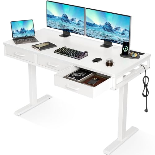 OffiGo Basic Höhenverstellbarer Schreibtisch mit Tastaturablage 90cm Weiße Weide + Weißes Stahlgestell von OffiGo