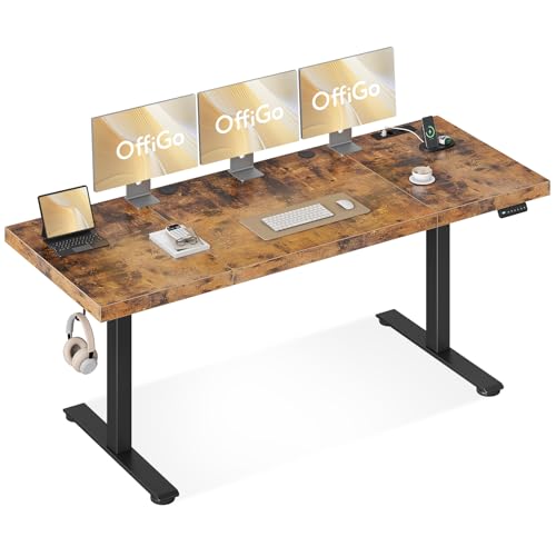 OffiGo Höhenverstellbarer Schreibtisch, 35MM Tischplatte, Elektrischer Schreibtisch mit Steckdose, 180x70 cm Standing Desk mit stabilen T-Beinen, Perfekte Ergonomie für Büro, Gaming, Braun von OffiGo