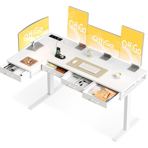 OffiGo Eckschreibtisch Höhenverstellbar, 160cm Schreibtisch Höhenverstellbar Elektrisch mit 4 Schublade, L-förmiger Tisch mit Steckdose für Büro und Arbeitszimmer, Weiß von OffiGo
