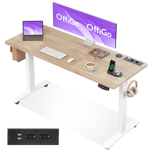 OffiGo Höhenverstellbarer Schreibtisch, 140cm Schreibtisch Höhenverstellbar Elektrisch mit USB, Standing Desk mit 2 Memory Funktion, Elektrischer Tisch für Büro, Zuhause, Beige von OffiGo