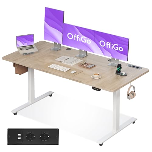 OffiGo Höhenverstellbarer Schreibtisch, 160cm Schreibtisch Höhenverstellbar Elektrisch mit USB, Standing Desk mit 2 Memory Funktion, Elektrischer Tisch für Büro, Zuhause, Beige von OffiGo