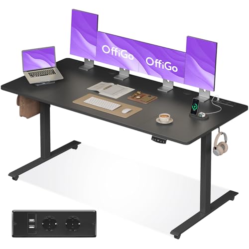 OffiGo Höhenverstellbarer Schreibtisch, 180cm Schreibtisch Höhenverstellbar Elektrisch mit USB, Standing Desk mit 2 Memory Funktion, Elektrischer Tisch für Büro, Zuhause, Schwarz von OffiGo