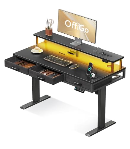 OffiGo Elektrischer Schreibtisch mit Schubladen, 120cm Höhenverstellbarer Schreibtisch mit Monitorständer, Gaming Tisch mit Steckdosen und Lichtleiste, Tisch Höhenverstellbar Bürotisch, Schwarz von OffiGo