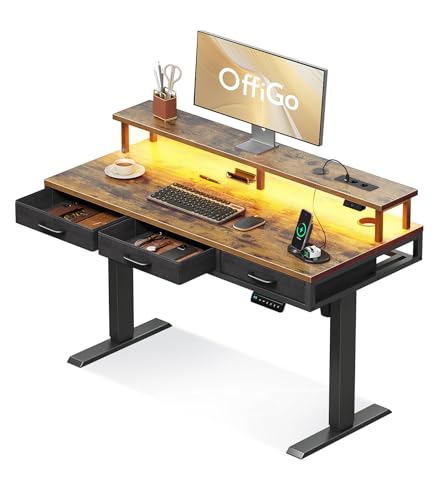OffiGo Elektrischer Schreibtisch mit Schubladen, 120cm Höhenverstellbarer Schreibtisch mit Monitorständer, Gaming Tisch mit Steckdosen und Lichtleiste, Tisch Höhenverstellbar Bürotisch, Braun von OffiGo