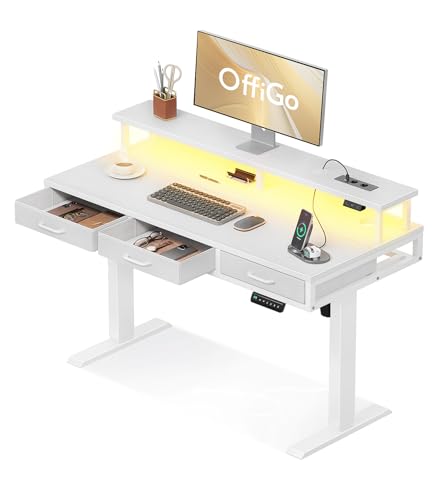 OffiGo Elektrischer Schreibtisch mit Schubladen, 120cm Höhenverstellbarer Schreibtisch mit Monitorständer, Standing Desk mit Steckdosen und Lichtleiste, Tisch Höhenverstellbar Bürotisch, Weiß von OffiGo