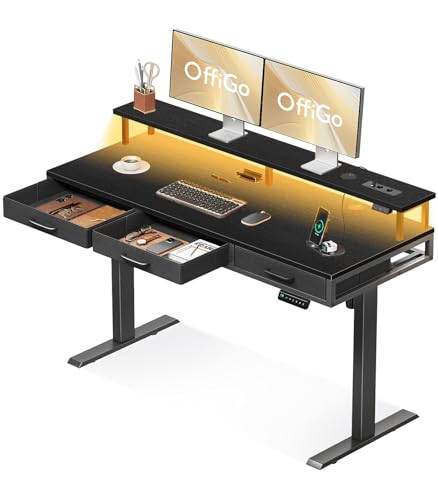 OffiGo Elektrischer Schreibtisch mit Schubladen, 140cm Höhenverstellbarer Schreibtisch mit Monitorständer, Gaming Tisch mit Steckdosen und Lichtleiste, Tisch Höhenverstellbar Bürotisch, Schwarz von OffiGo