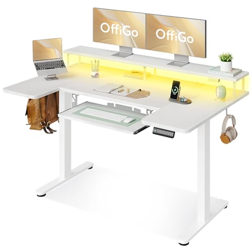 OffiGo Elektrischer Stehcomputer in U-Form, mit Tastaturablage, höhenverstellbar, 140 cm, mit Steckdosen und LED-Lichtern, Stehtisch mit Monitorhalterung von OffiGo