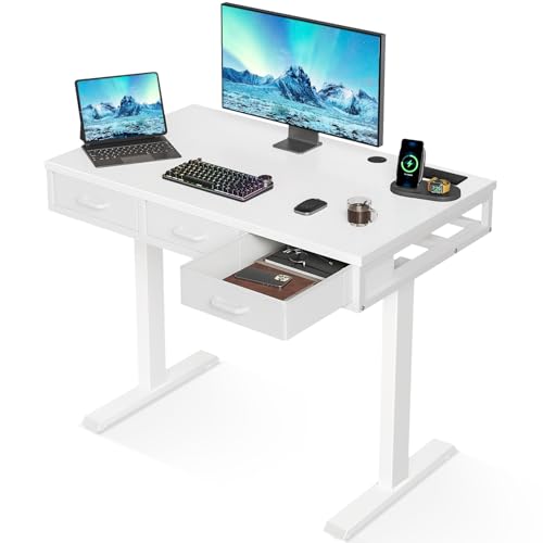 OffiGo Glas Höhenverstellbarer Schreibtisch, 140 x 60 cm Elektrischer Schreibtisch mit Schublade Steckdose, Ganze Tischplatte, Standing Desk, Steh-Sitz Glastisch für Home Office Büro, Schwarz von OffiGo